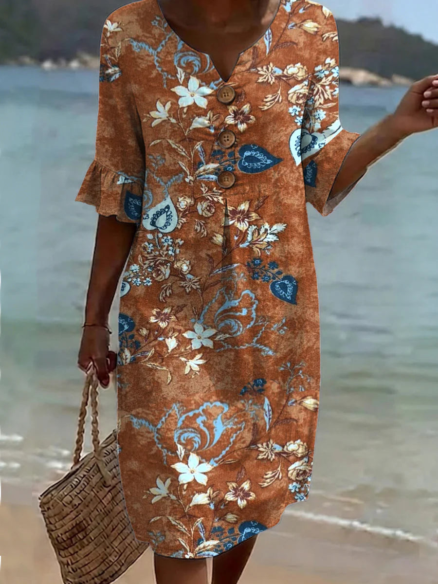 Floral Art Print Short Sleeve Retro Dress